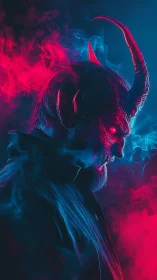 Bipolar neon demon portrait with volumetric smoke dynamics.