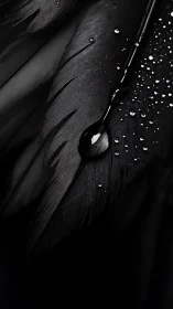 Glistening water droplets rest gently on dark bird feather