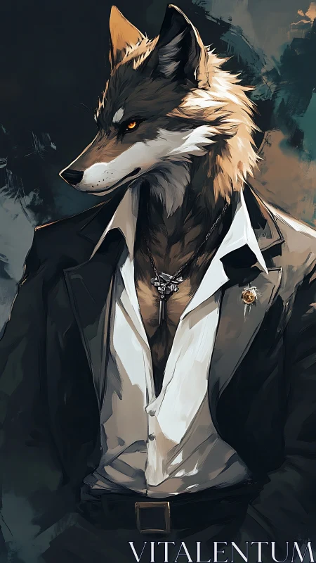 Dapper wolf gentleman in noir suit with ember-bright gaze.