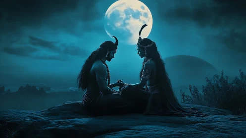 Mythic couple under full moon sharing intimate silence.