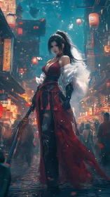 Blade-wielding warrior strides through neon lantern market.