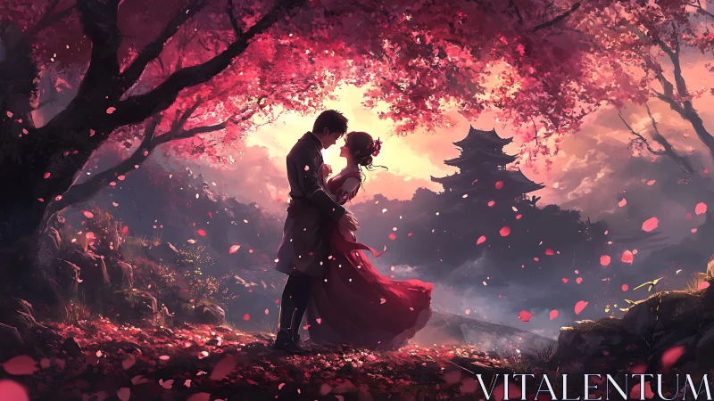 Couple beneath flowering tree at sunset with pagoda silhouette