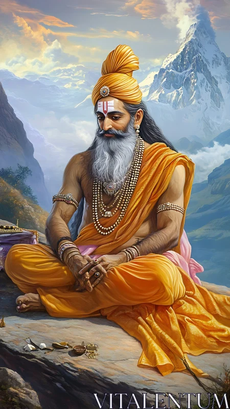 Seated sage in orange robes within detailed mountain landscape.