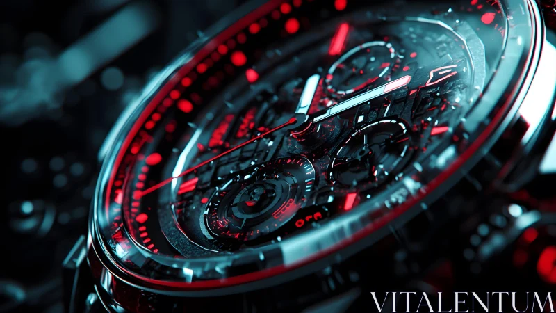 Futuristic Skeleton Watch Close-Up with Neon Red Highlights.