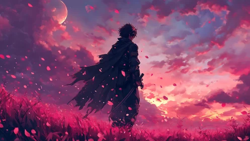 Lone swordsman faces rose dusk sky under crescent moon.