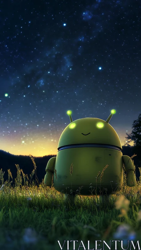 Green robot explores twilight meadow under starry sky.