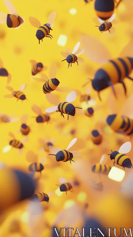 Playful cartoon bees drift through a glowing yellow sky.