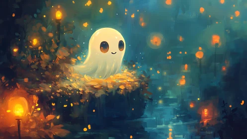 Cute spectral character illuminated by warm bokeh lanterns at night