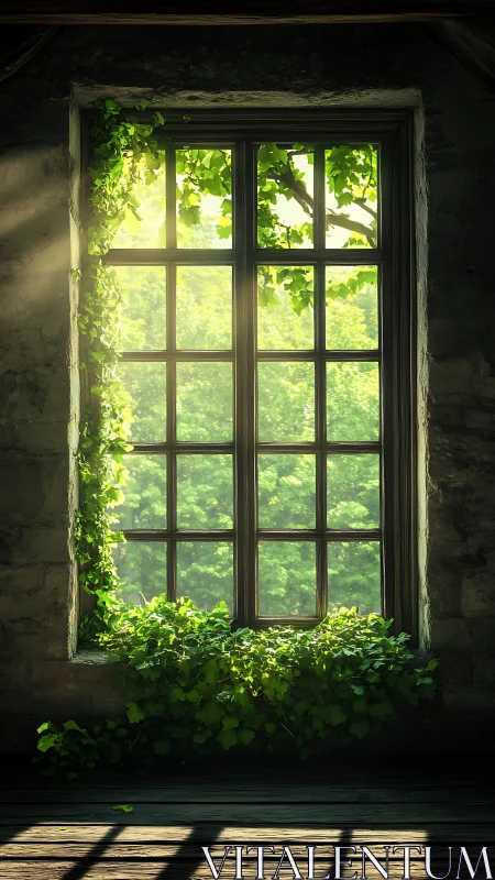 Old stone window with ivy and bright green forest view.
