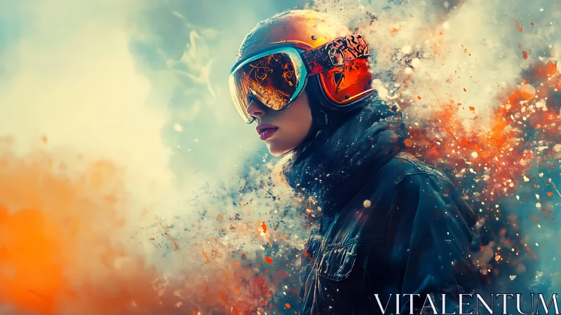 Futuristic pilot portrait in explosive bokeh color field.