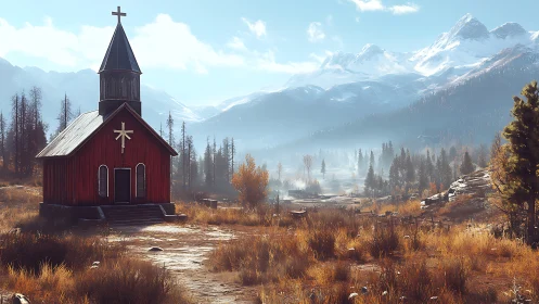 Red wooden church stands in autumn valley below snowy peaks