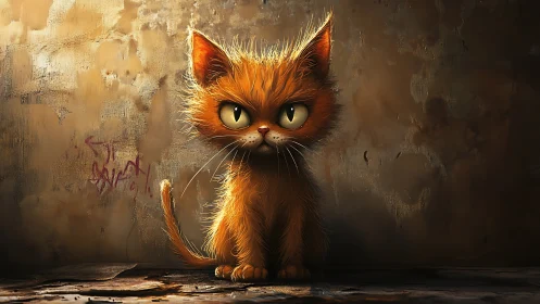 Orange Cat Portrait Against Weathered Wall.