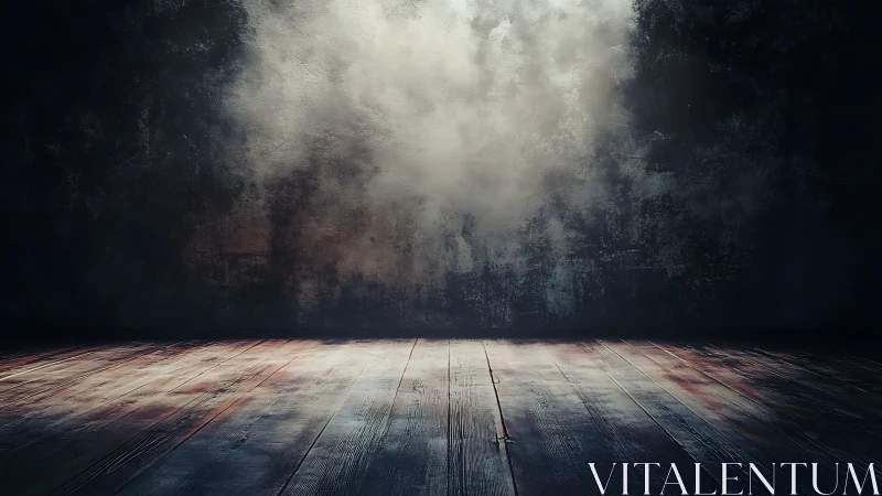 Moody empty studio with misted wall and worn wooden floor