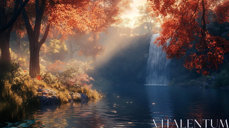 Sunlit autumn waterfall pours into a tranquil forest lake