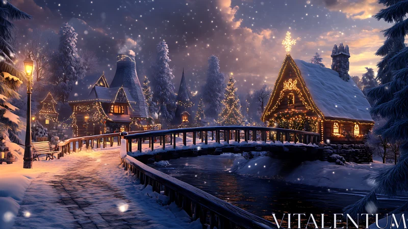 Snowy village bridge crosses river between lit holiday cabins