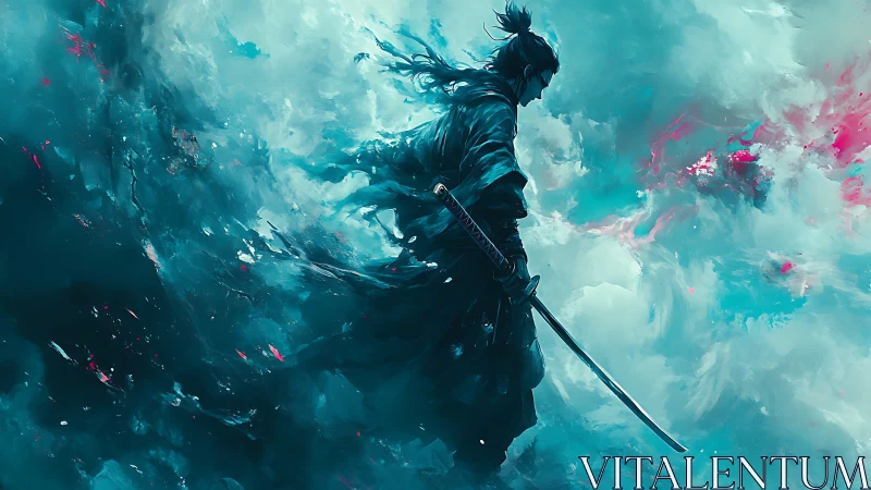 Stormlit sword saint drifting through teal thunderclouds.