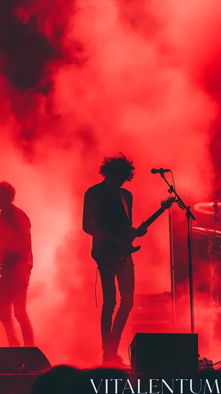 Silhouetted guitarist steps into vivid red stage smoke