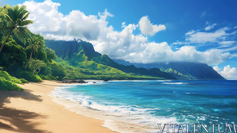 Kauai's Na Pali Coast Beach with Volcanic Cliffs and Palm Trees.