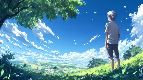 Backlit adolescent observer over luminous rural valley panorama.