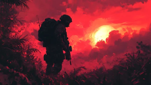 Lone soldier surveys a burning red jungle sunset sky