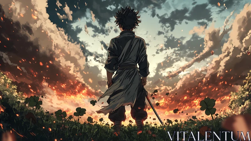 Lone warrior observing a burning horizon at dusk.