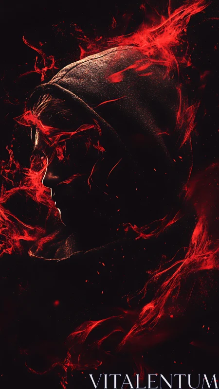 Hooded side profile silhouette emerges through red smoke