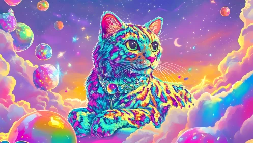 Neon cosmic cat resting among pastel clouds and orbs.