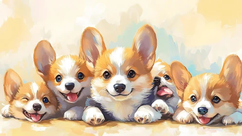 Corgi puppy cuddle lineup basking in soft pastel sunshine.