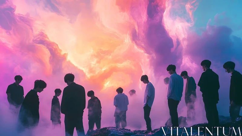 Silhouetted figures stand before iridescent nebula-like clouds