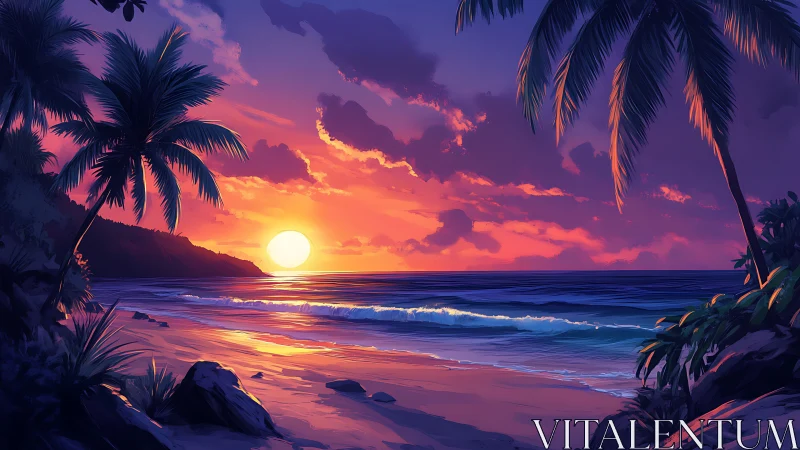 Digital painting of tropical sunset shoreline with palms framing.