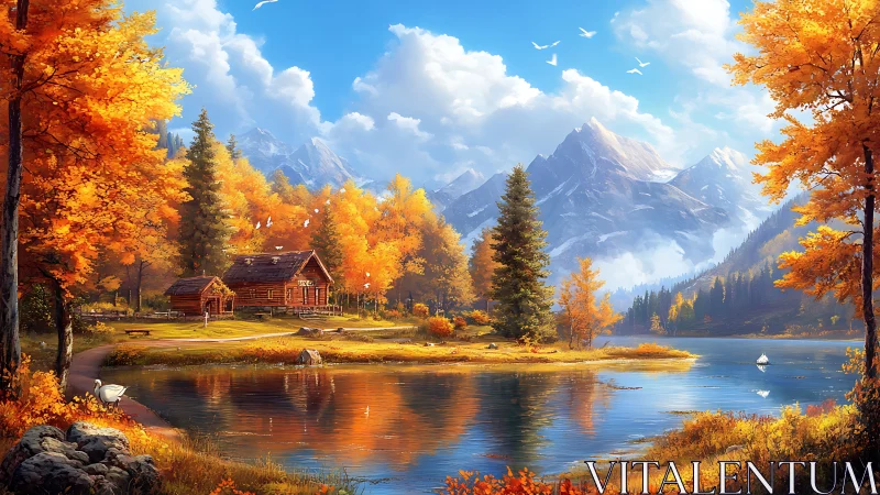 Autumn lakeside cabin with alpine mountains, digital landscape painting.