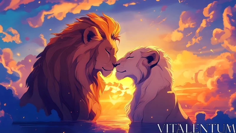 Chromatic Sunset Composition: Two Felids in Tactile Contact Against Radiative Sky