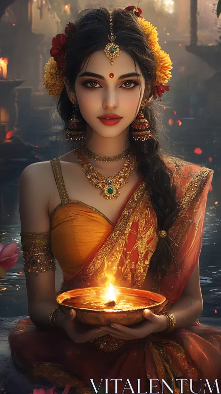 Digital portrait of woman with diya in ornate festive attire