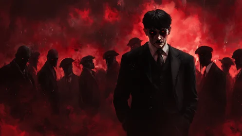 Demon-eyed man leads shadowed mob through burning crimson haze.