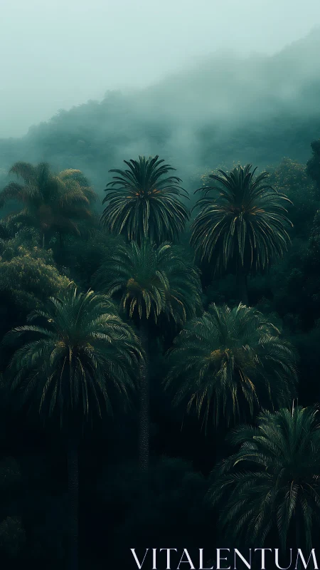 Misty Tropical Canopy: Palm Trees Shrouded in Atmospheric Fog.