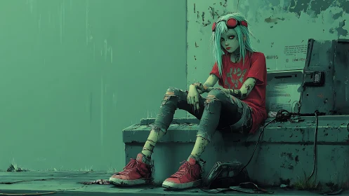 Cyberpunk girl sits on industrial unit in teal alleyway
