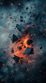 Explosion with dark rocky debris and bright orange flames mid-detonation