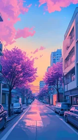 Neon pastel city street glows under a dreamy sakura sunset