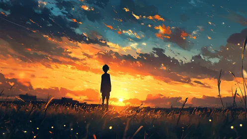 Silhouetted figure stands in grassland against low sunset sky