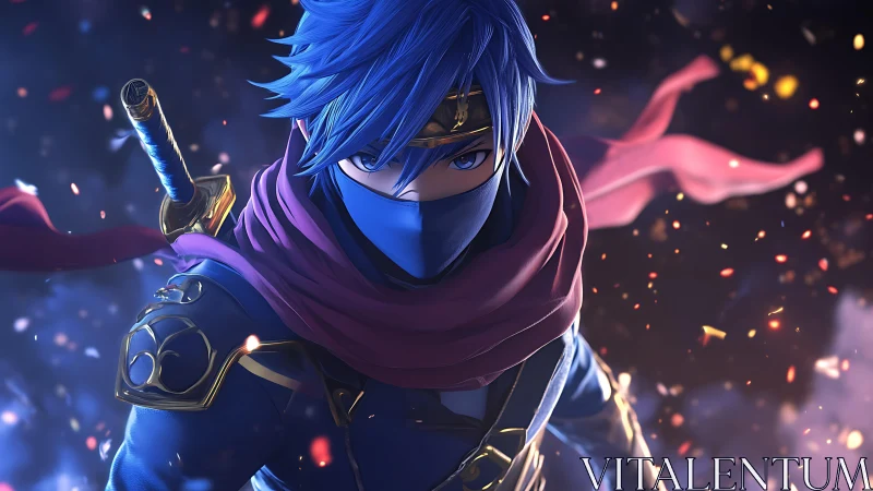 Masked blue-haired warrior dives through glowing embers.