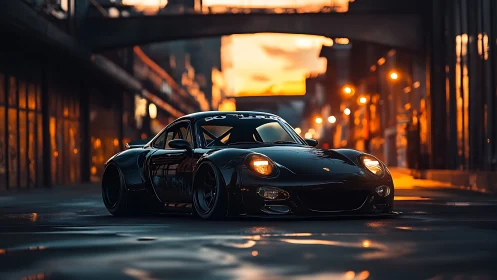 Midnight street-racer prowls beneath molten city sunset glow