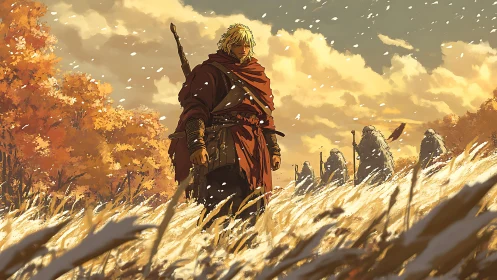 Cloaked swordsman crossing autumn field under snowfall.
