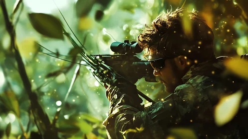 Focused forest marksman surrounded by glowing green light.
