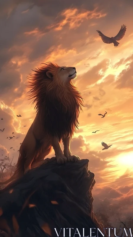 Majestic lion surveys sunlit sky from rugged cliff at dawn.