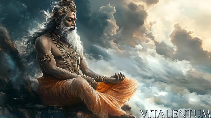 Divine sage meditating above swirling celestial clouds.