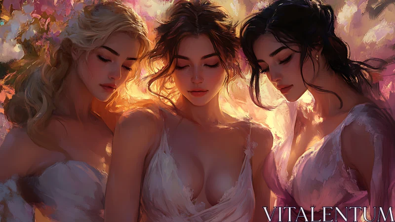 Three Elegant Women in Dreamy Impressionist Floral Setting.