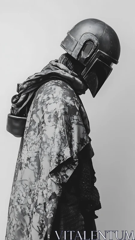 Stoic sci fi wanderer in weathered helmet and patterned cloak.