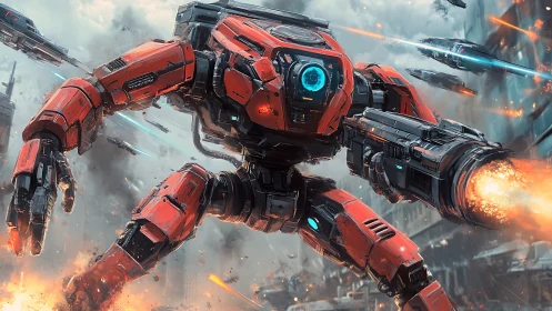 Red combat mech charges through burning futuristic cityscape.