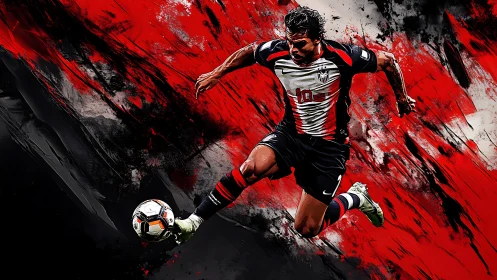 Dynamic soccer striker leaps through abstract red energy field