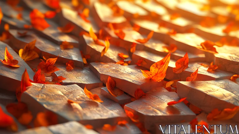 Golden autumn leaves over warm sculpted stone grid.